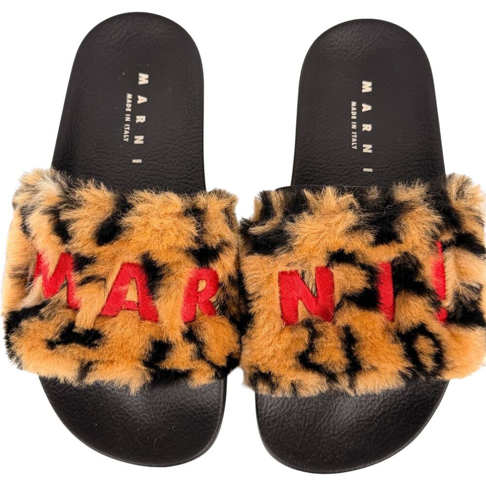 Marni Camel / Black Leopard Faux Fur Embroidered Logo Slide Sandals Brown Sz 36